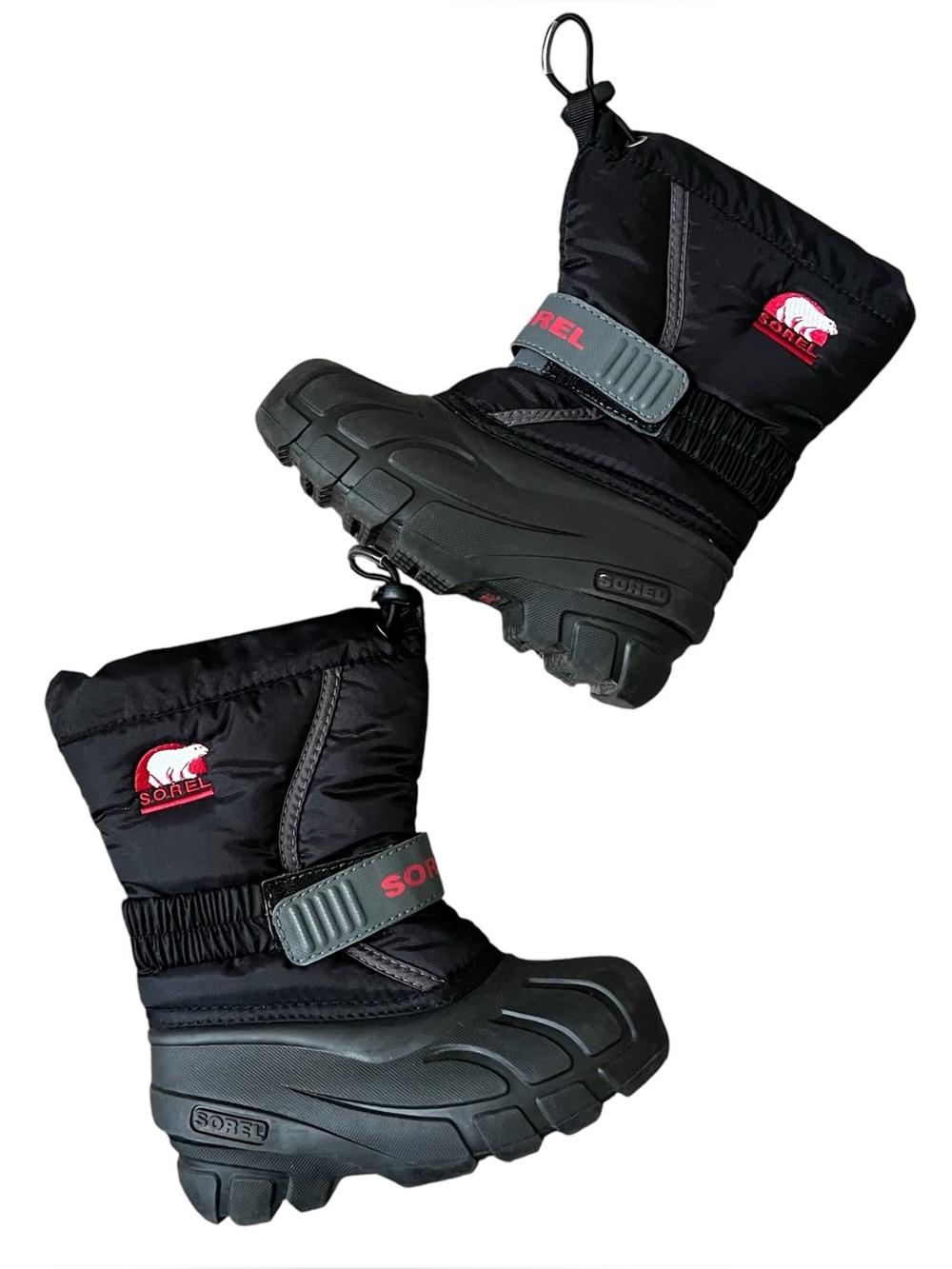 Sorel Black Kids Snow Boots with red Logo Accents size 10